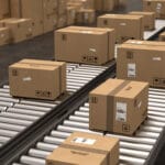 Closed cardboard boxes and wrapped with adhesive on conveyor roller. 3D Rendering
. 3D Rendering
